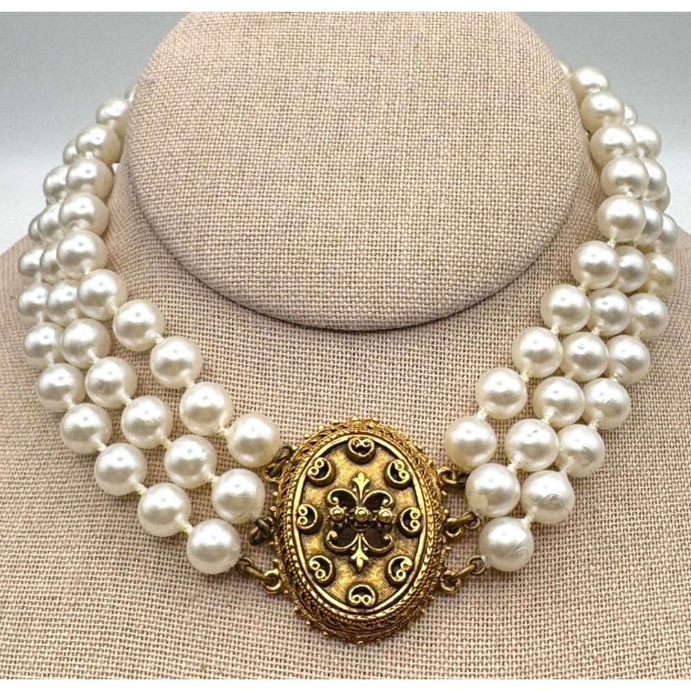 Vintage Florenza Necklace Fleur de Lis 3 Strand Faux Pearl Choker Ornate